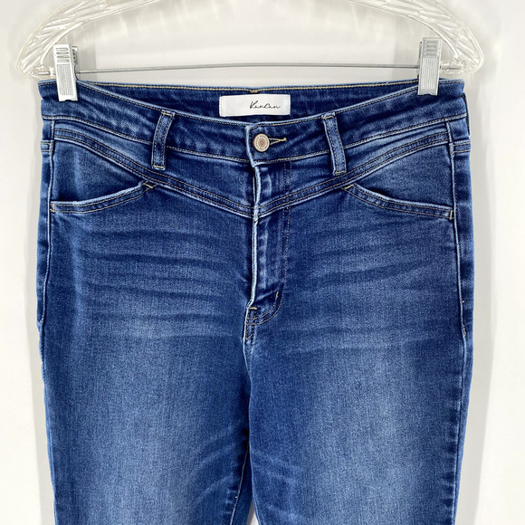 Kancan High Rise Flare Jeans Raw Hem Womens Sz 11/29 Blue Denim Front‎ Seam Boho - Picture 5 of 12